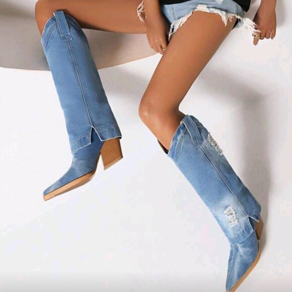Cowboy Boots New Hole Denim Pointed Toe Knee-High Boots Women Vintage Shaft Boot - Picture 3 of 7